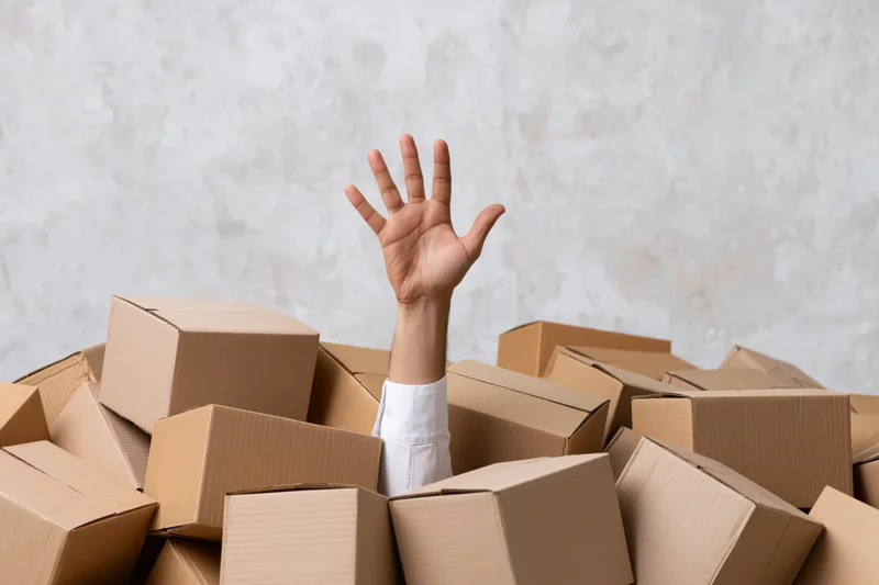 Arm reaching upward from a pile of cardboard boxes in a storage space