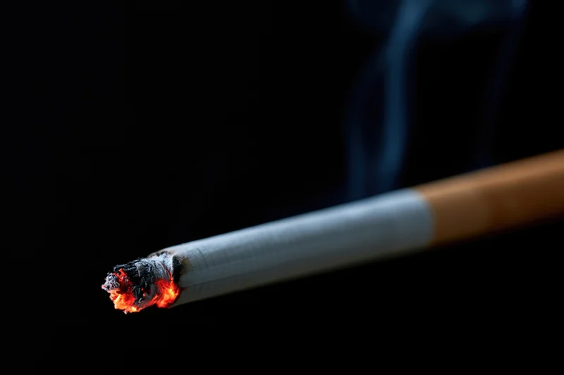 Lit cigarette burning with glowing ember and smoke against black background