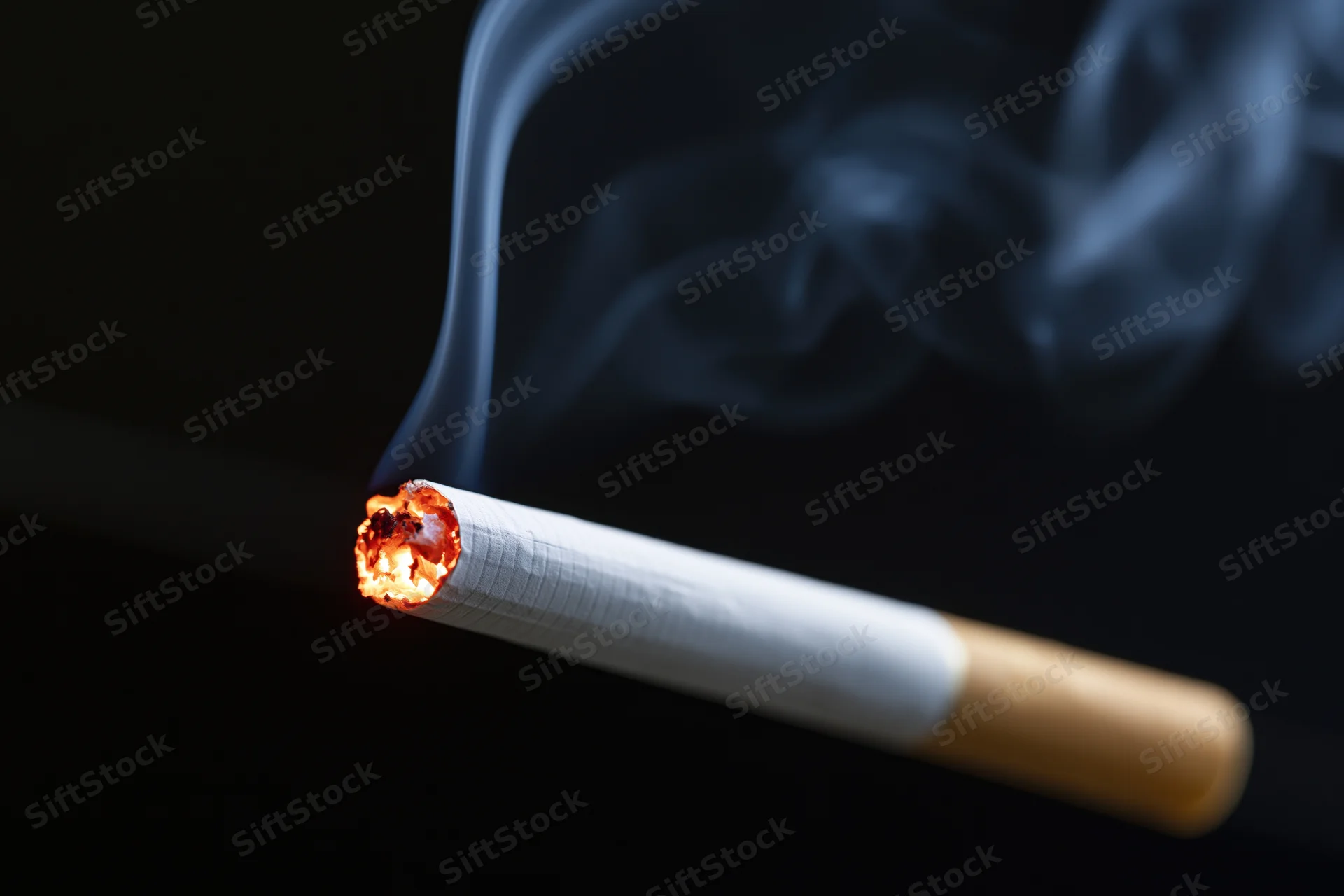 Lit cigarette burning with smoke rising against dark background