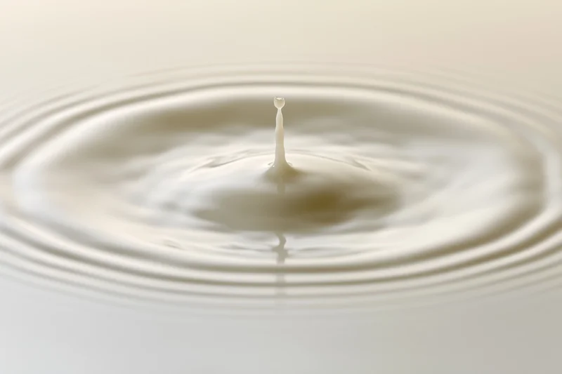 Milk droplet mid-splash rising from smooth surface creating ripples