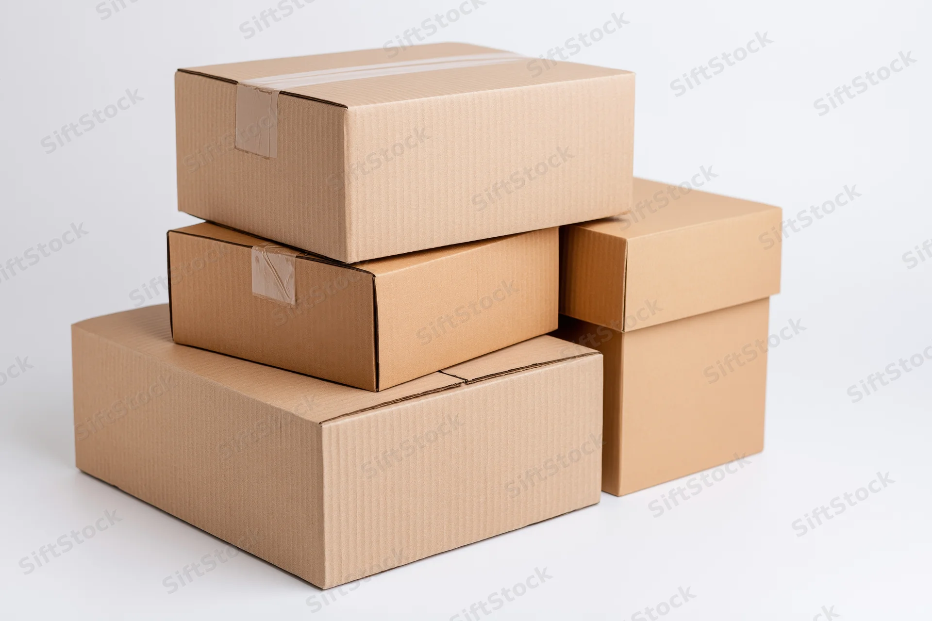 Stack of three cardboard shipping boxes arranged on white background