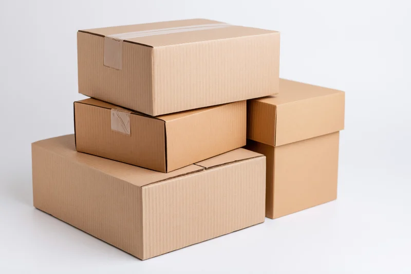 Stack of three cardboard shipping boxes arranged on white background