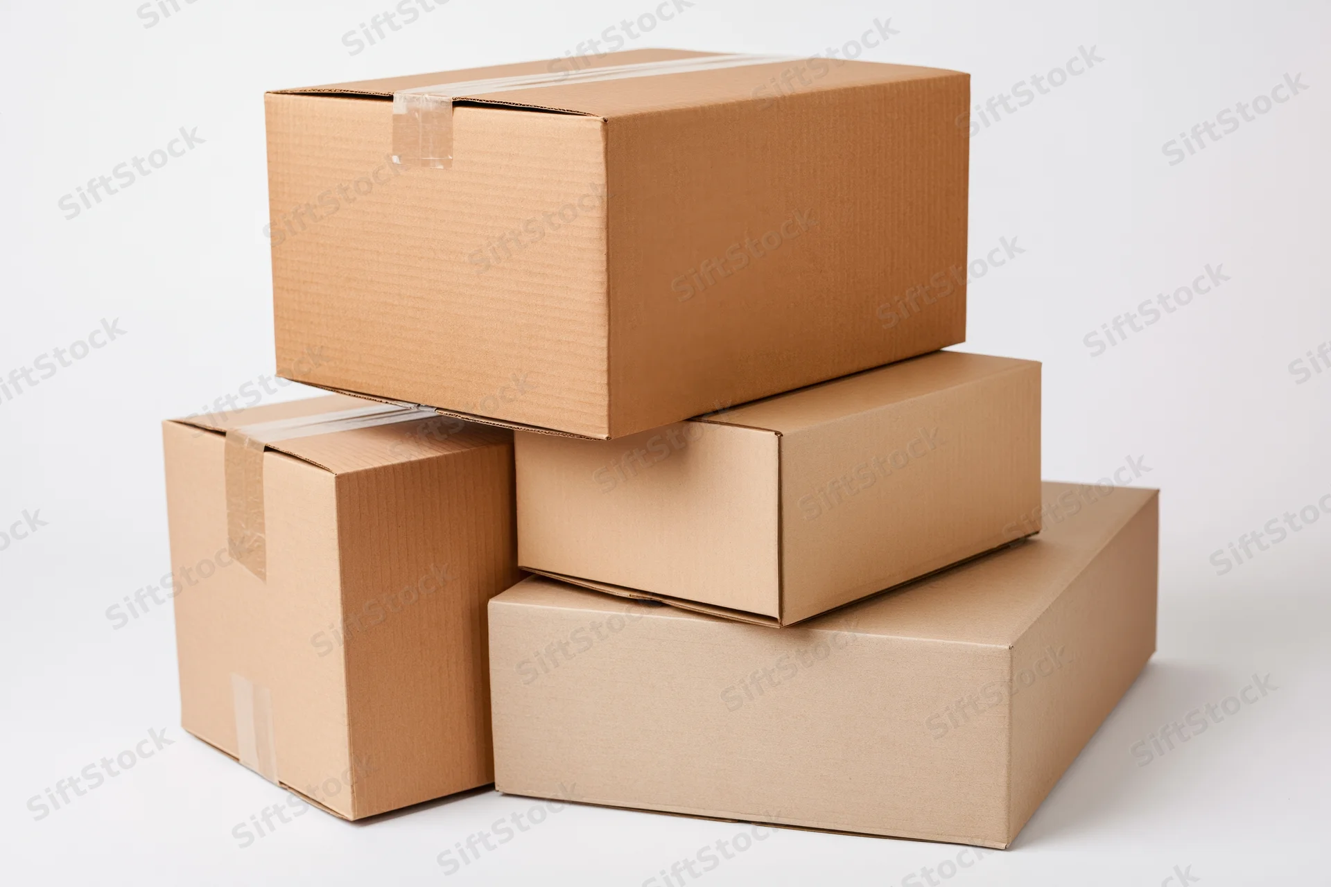 Stack of three cardboard shipping boxes arranged in a pyramid on a white background