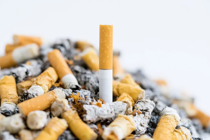 Single unlit cigarette standing upright in a pile of cigarette butts and ash