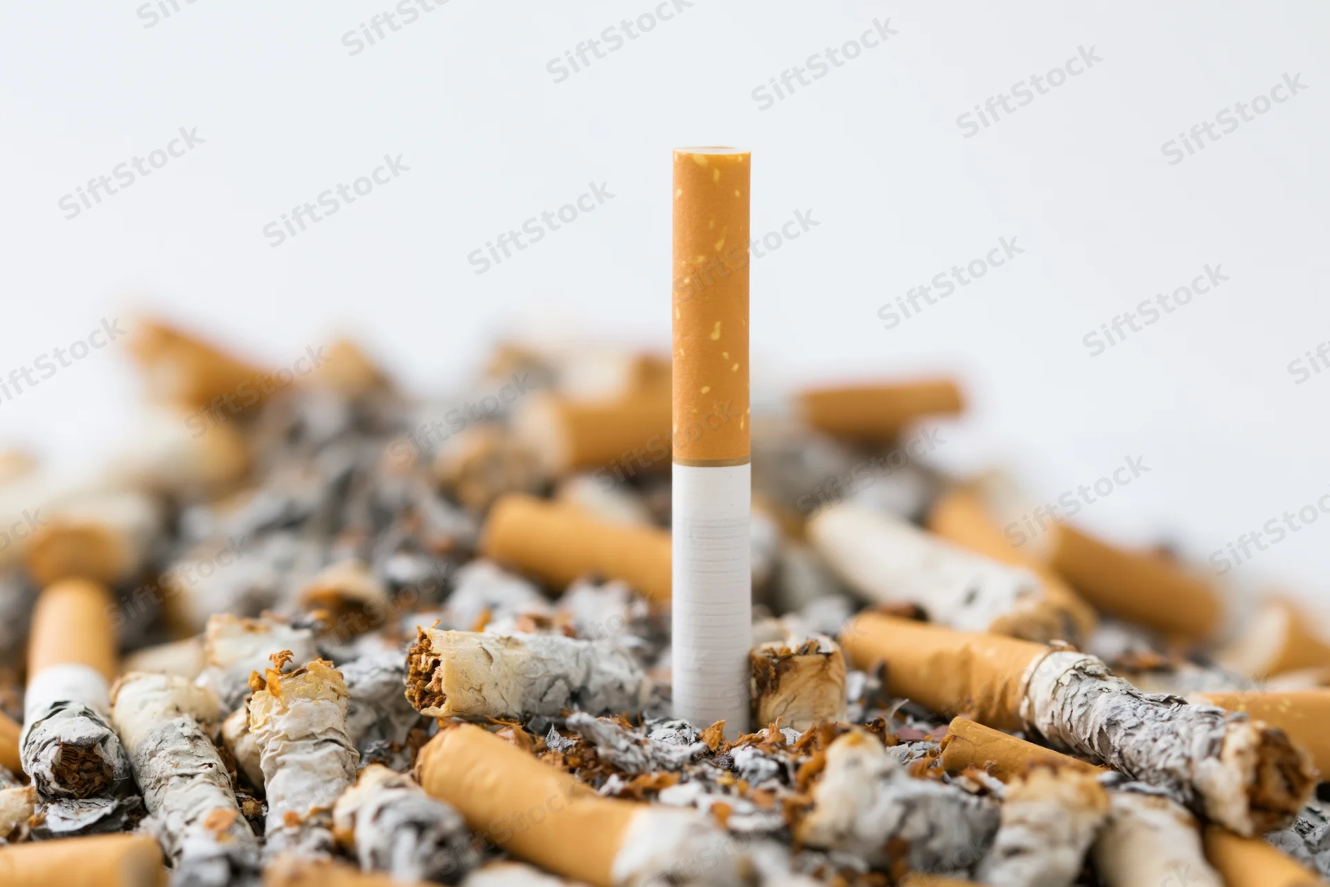 Single unlit cigarette standing upright in a pile of cigarette butts and ash