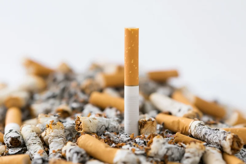 Single unlit cigarette standing upright in a pile of cigarette butts and ash