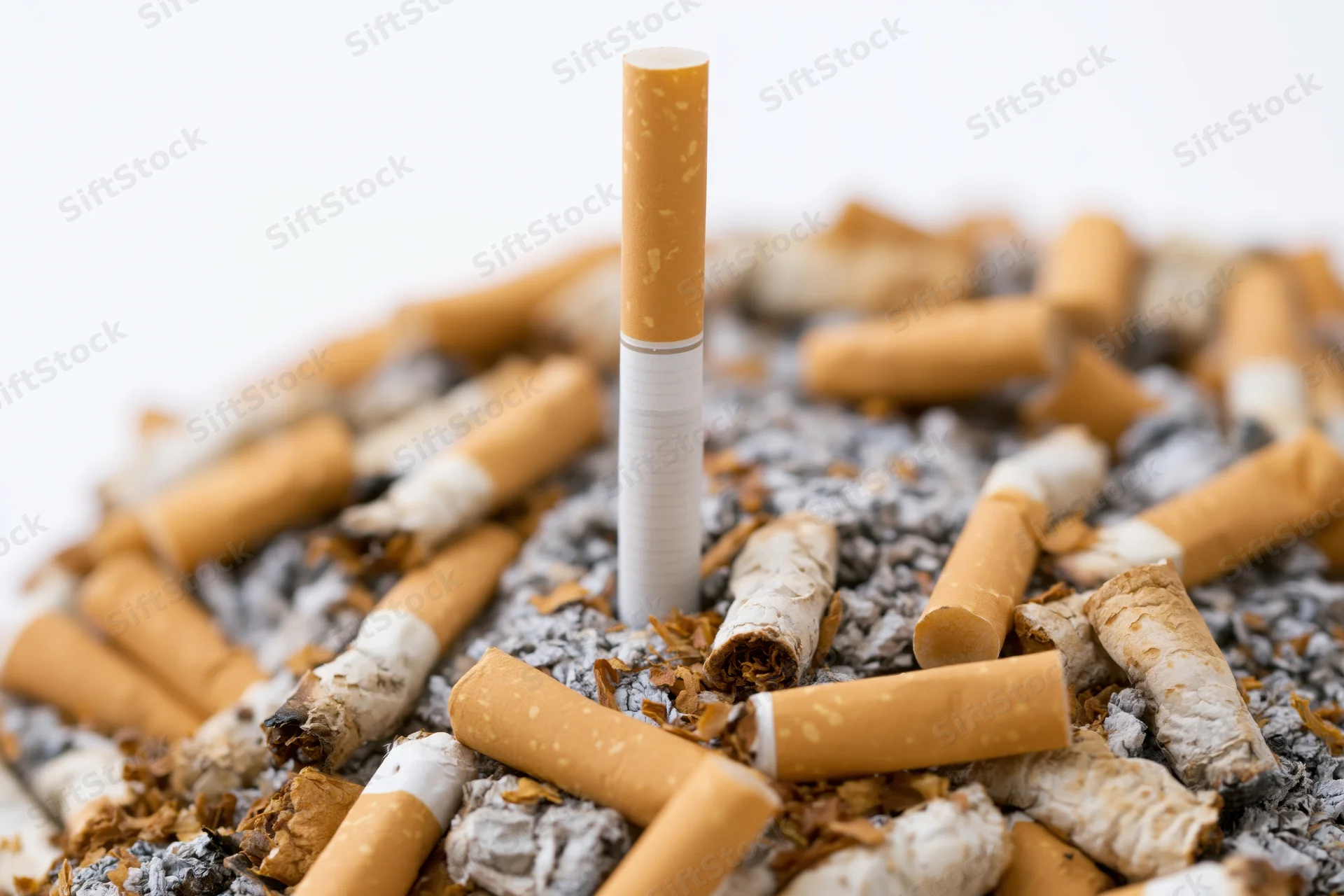 Single unlit cigarette standing upright in a pile of cigarette butts and ash
