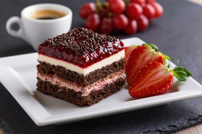 Slice of layered chocolate cream cake with strawberry topping on white plate beside coffee cup and grapes