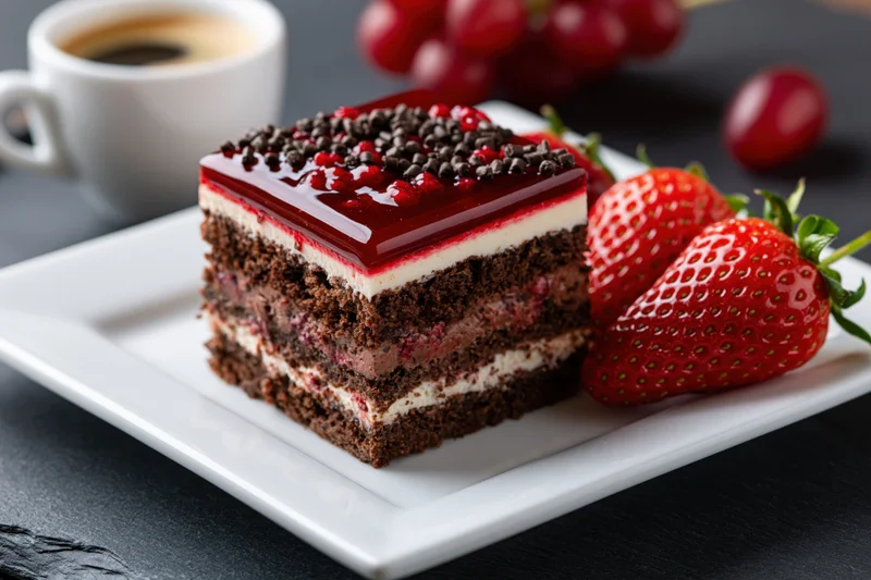 Slice of layered chocolate cream cake with red topping and strawberries on white plate beside coffee cup