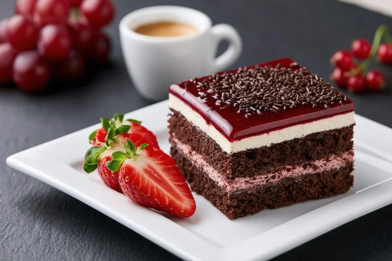 Slice of layered chocolate cream cake with red glaze and sprinkles on white plate with strawberries and coffee cup nearby