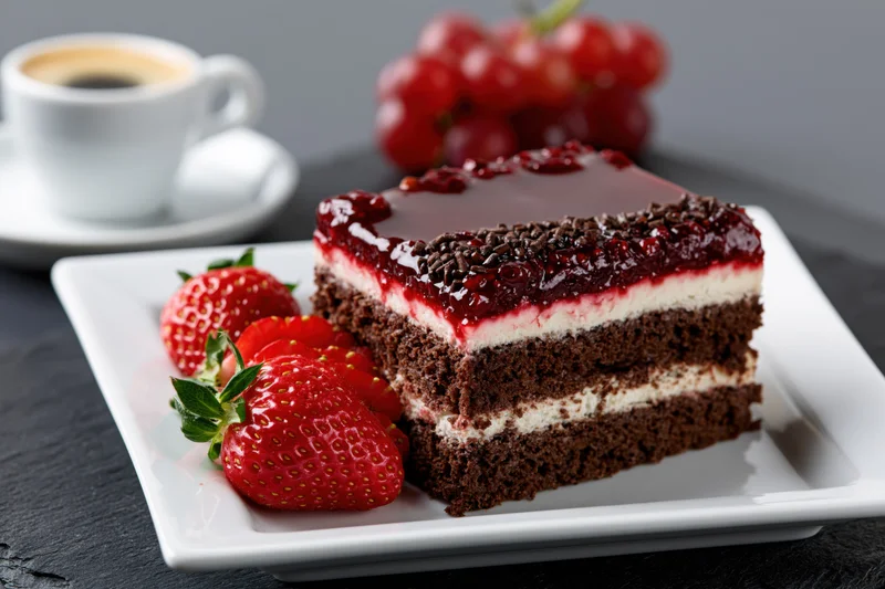 Slice of layered chocolate cream cake with strawberries on white plate beside coffee cup and grapes