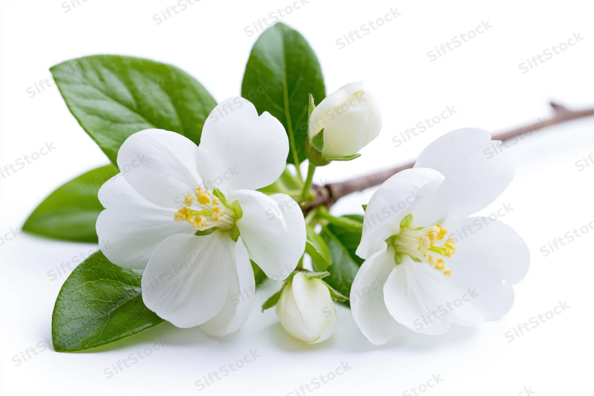 White blossoms and green leaves on a branch isolated on white background