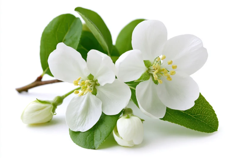 Apple blossom branch with two open white flowers and buds on a white background
