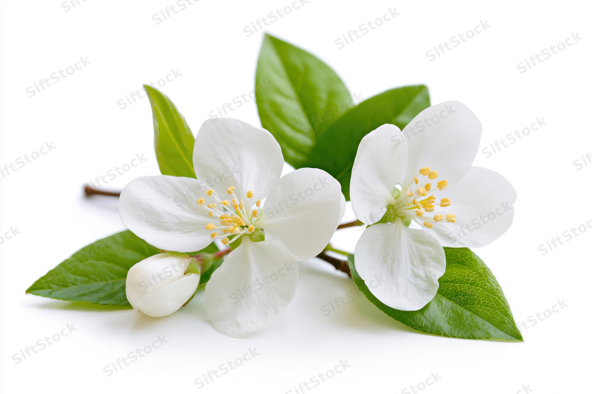 White blossoms and green leaves on a branch isolated on white background