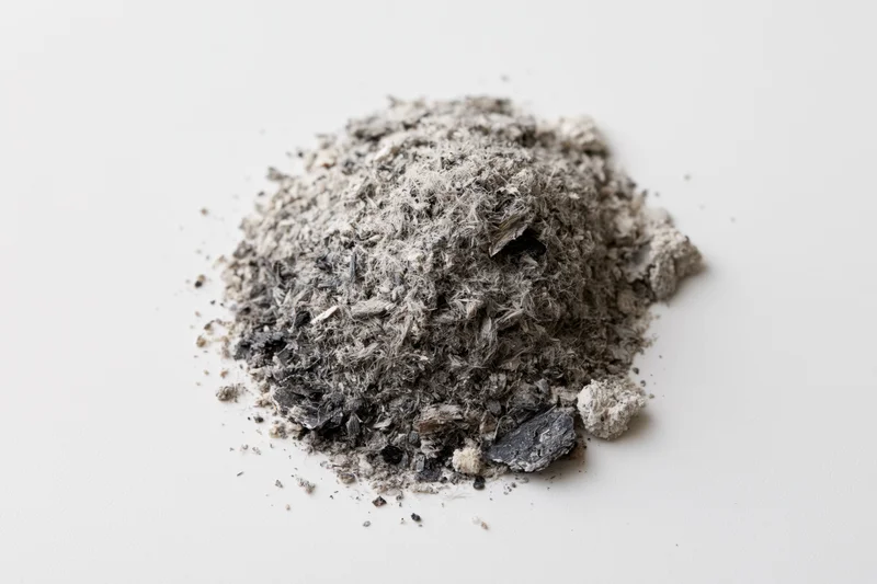 A small pile of grey and black ash debris scattered on a white surface