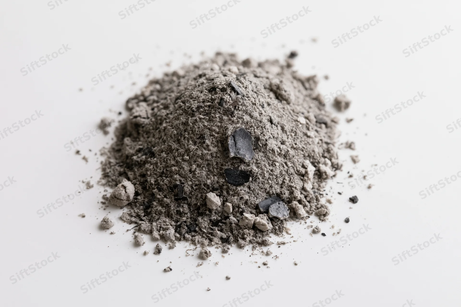 A small loose pile of grey and black ash debris scattered on a white surface