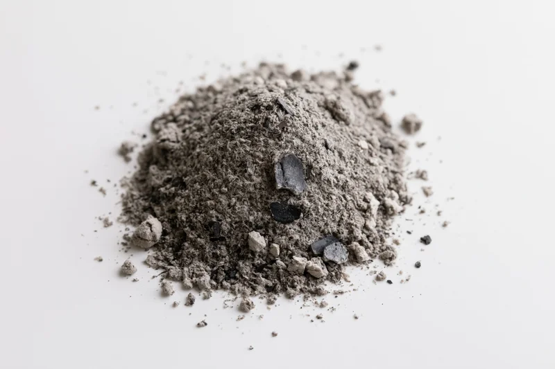 A small loose pile of grey and black ash debris scattered on a white surface