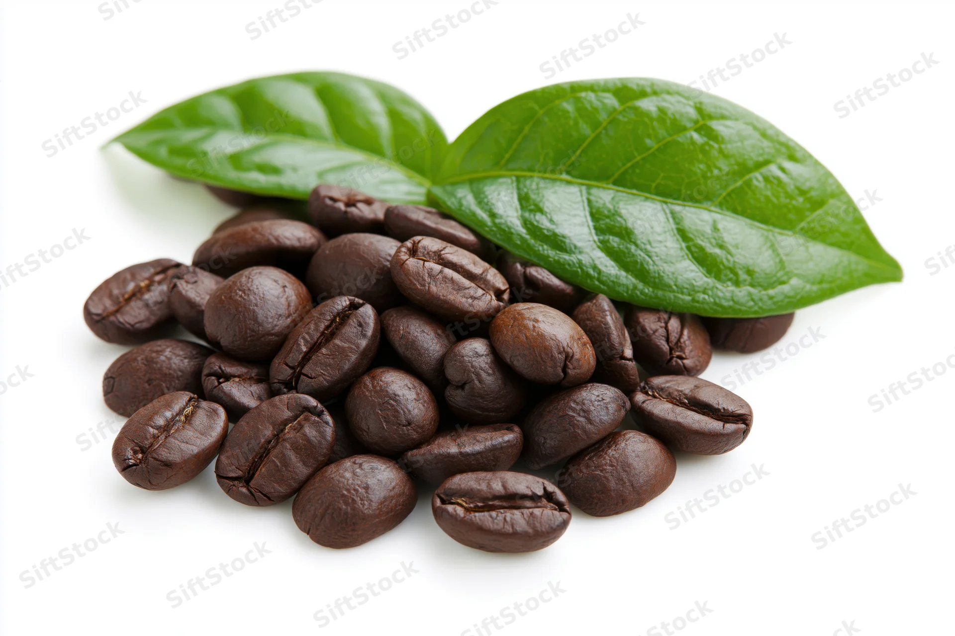 Roasted coffee beans with green leaves on white background