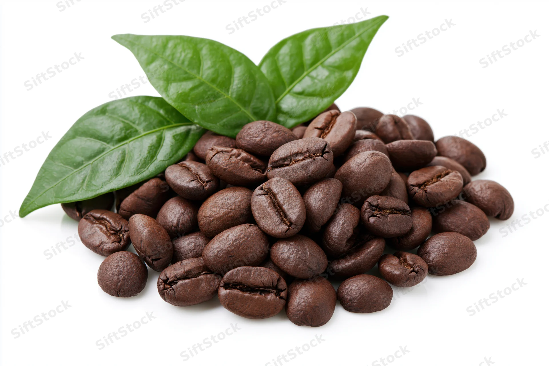 Roasted coffee beans piled with green leaves on white background