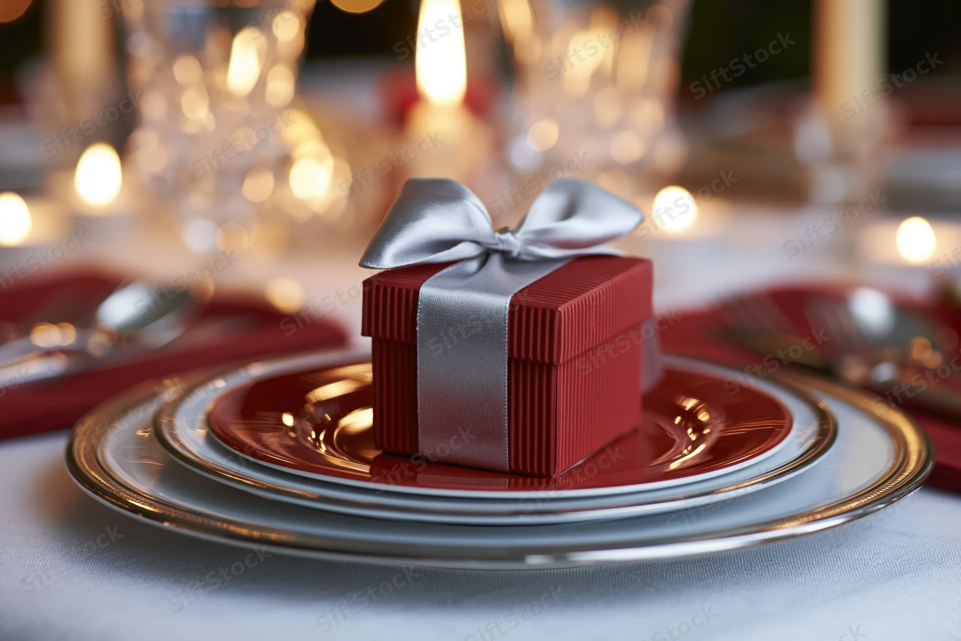 Small red ribbed gift box with silver satin bow on stacked plates at formal dinner table setting