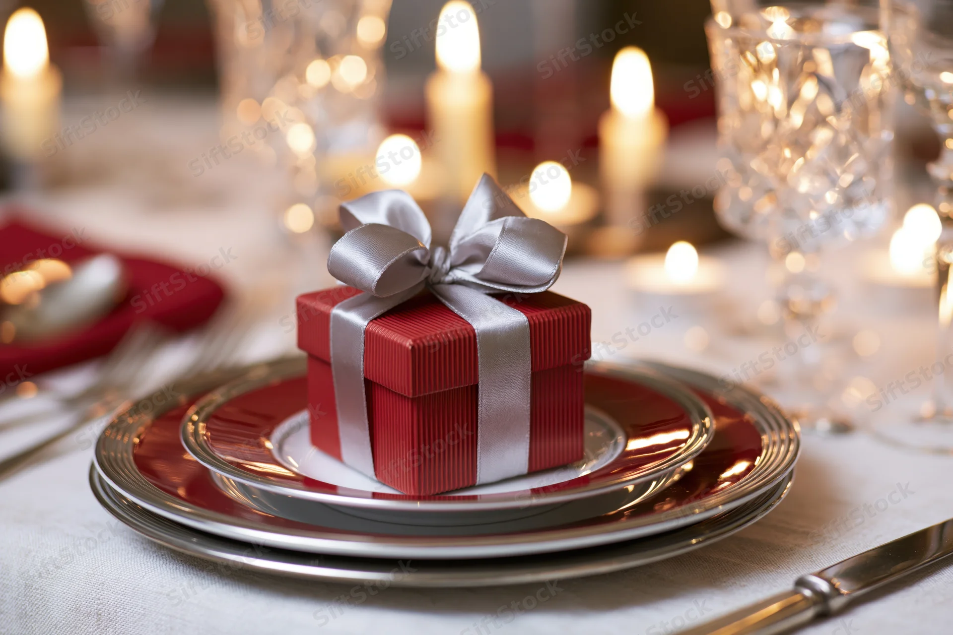 Small red gift box with silver bow on stacked plates at a candlelit dinner table