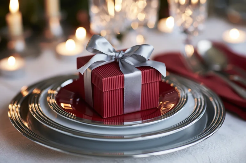 Small red ribbed gift box with silver satin bow on stacked plates at a candlelit dinner table