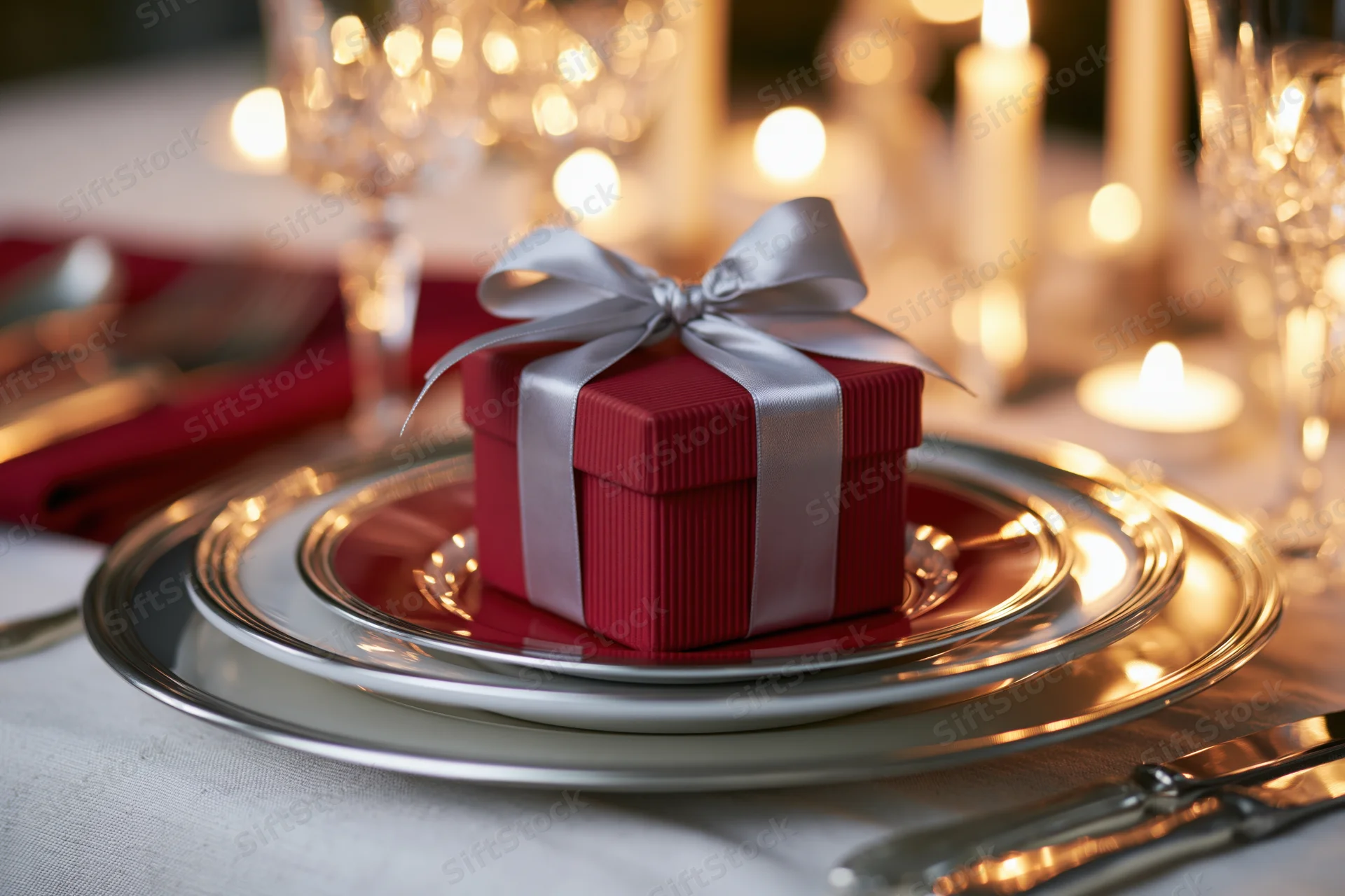 Small red ribbed gift box with silver satin bow placed on stacked plates at a formal dinner table setting with candles and glassware