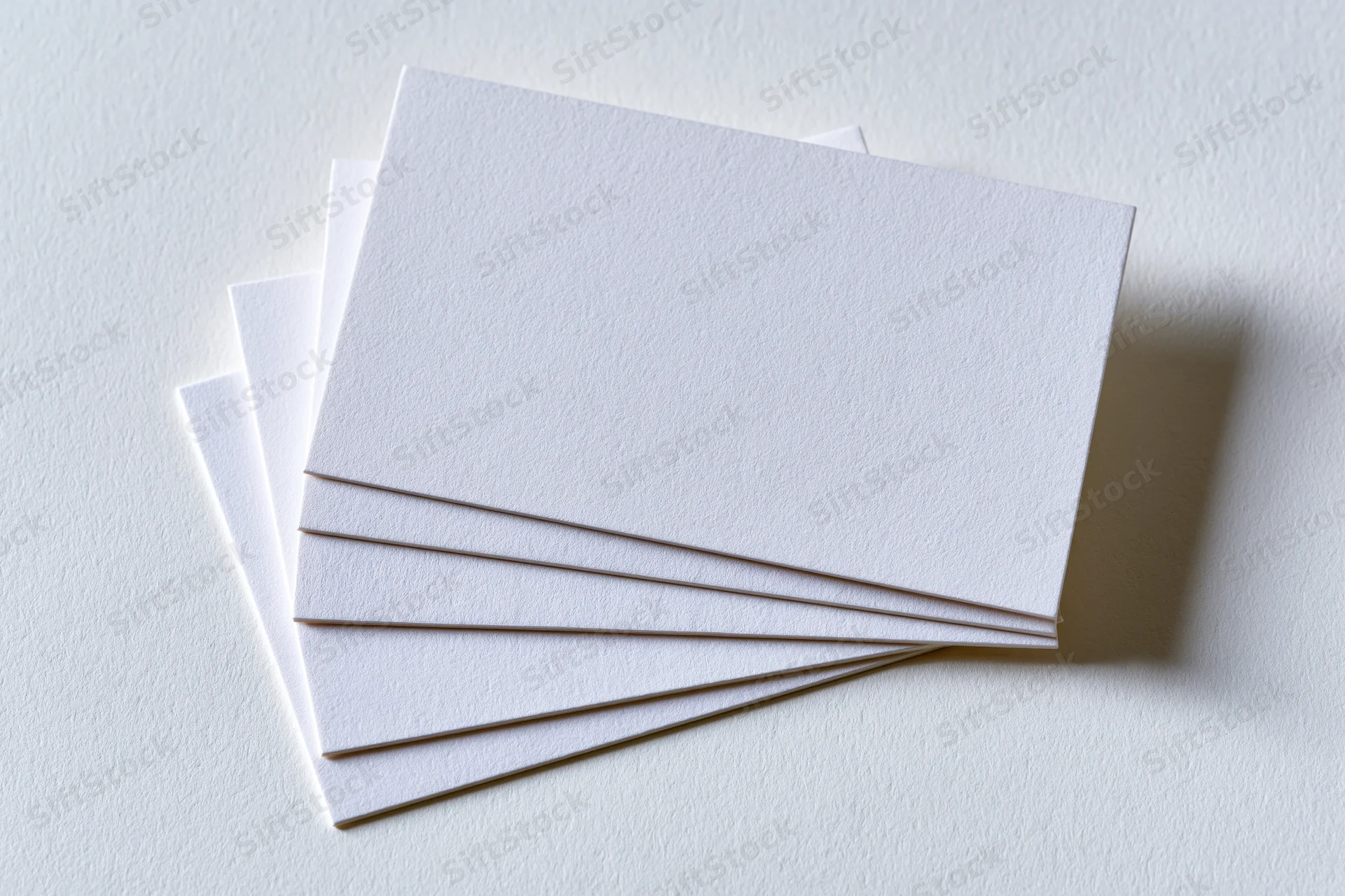 Stack of blank white business cards fanned on textured white surface