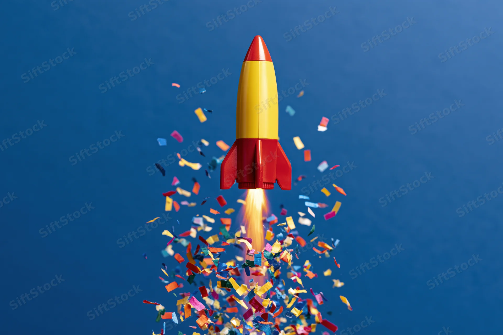 Toy rocket launching upward with confetti and flame against blue background