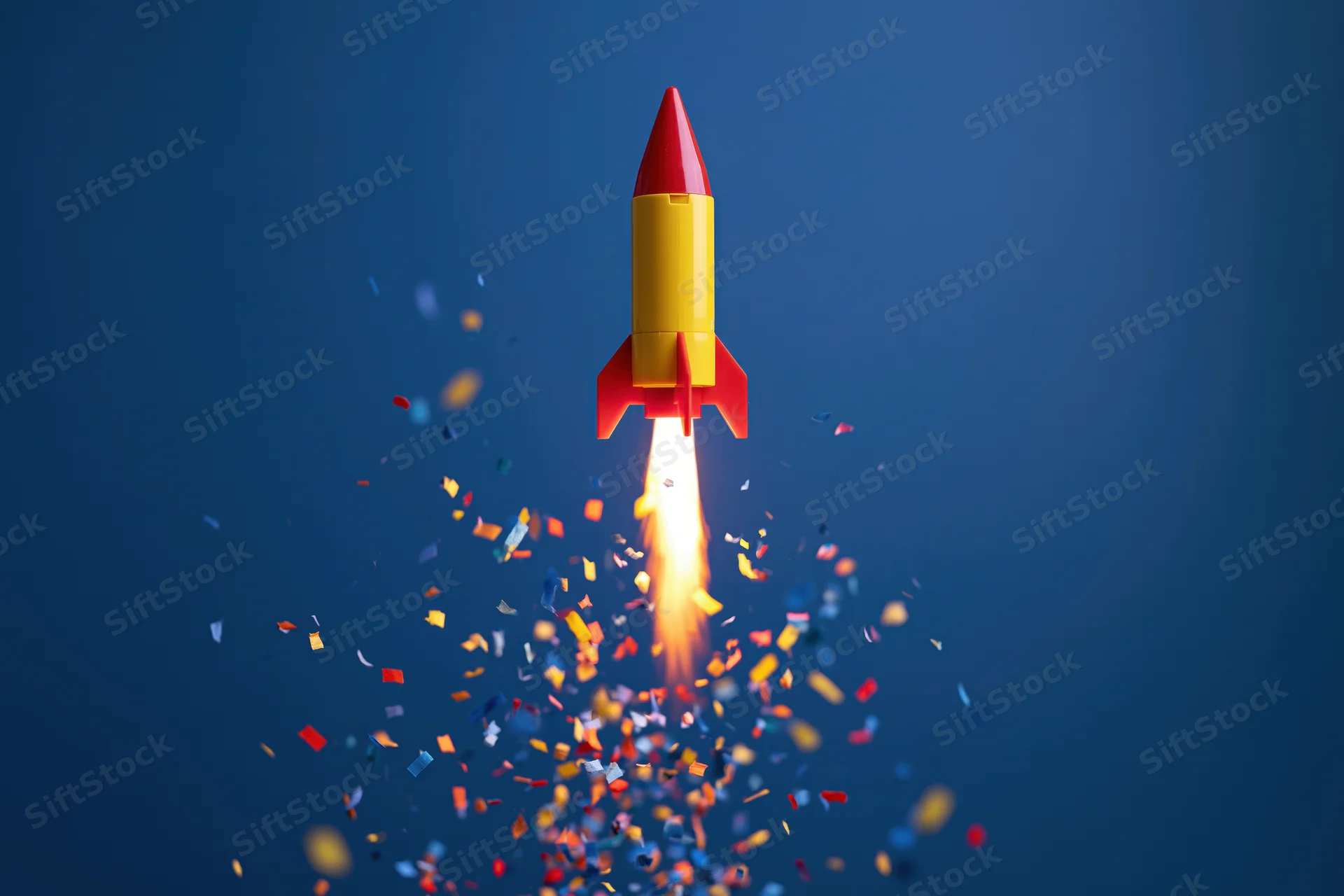 Toy rocket launching upward with bright flame and colorful confetti against blue background