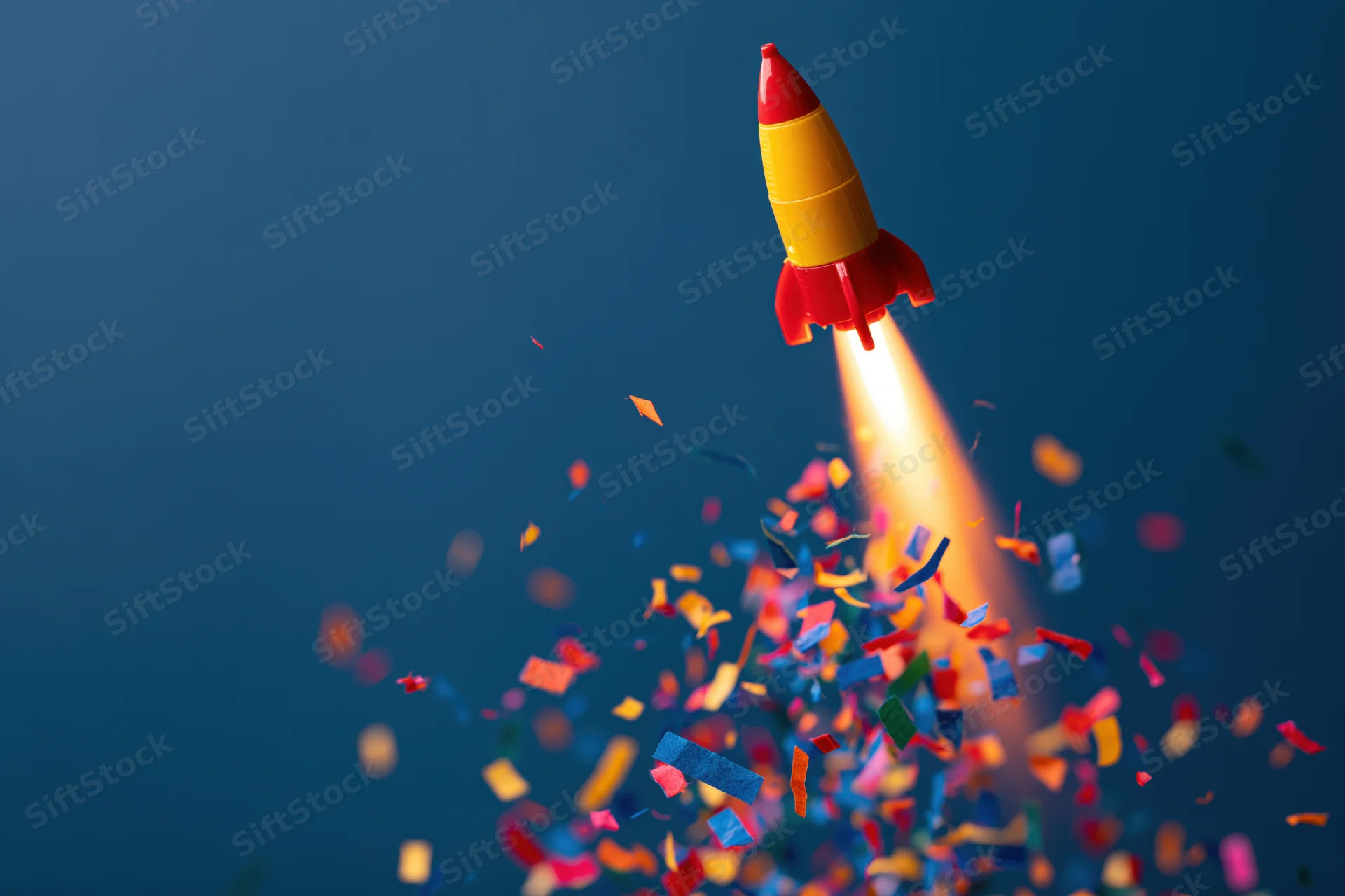 Toy rocket launching upward with bright flame and colorful confetti against blue background