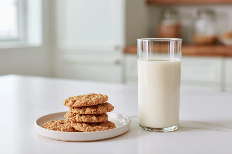 Stack of oatmeal cookies on a white plate beside a glass of milk on a kitchen countertop