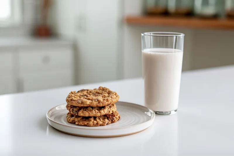 Stack of oatmeal cookies on a white ceramic plate beside a glass of milk on a kitchen countertop