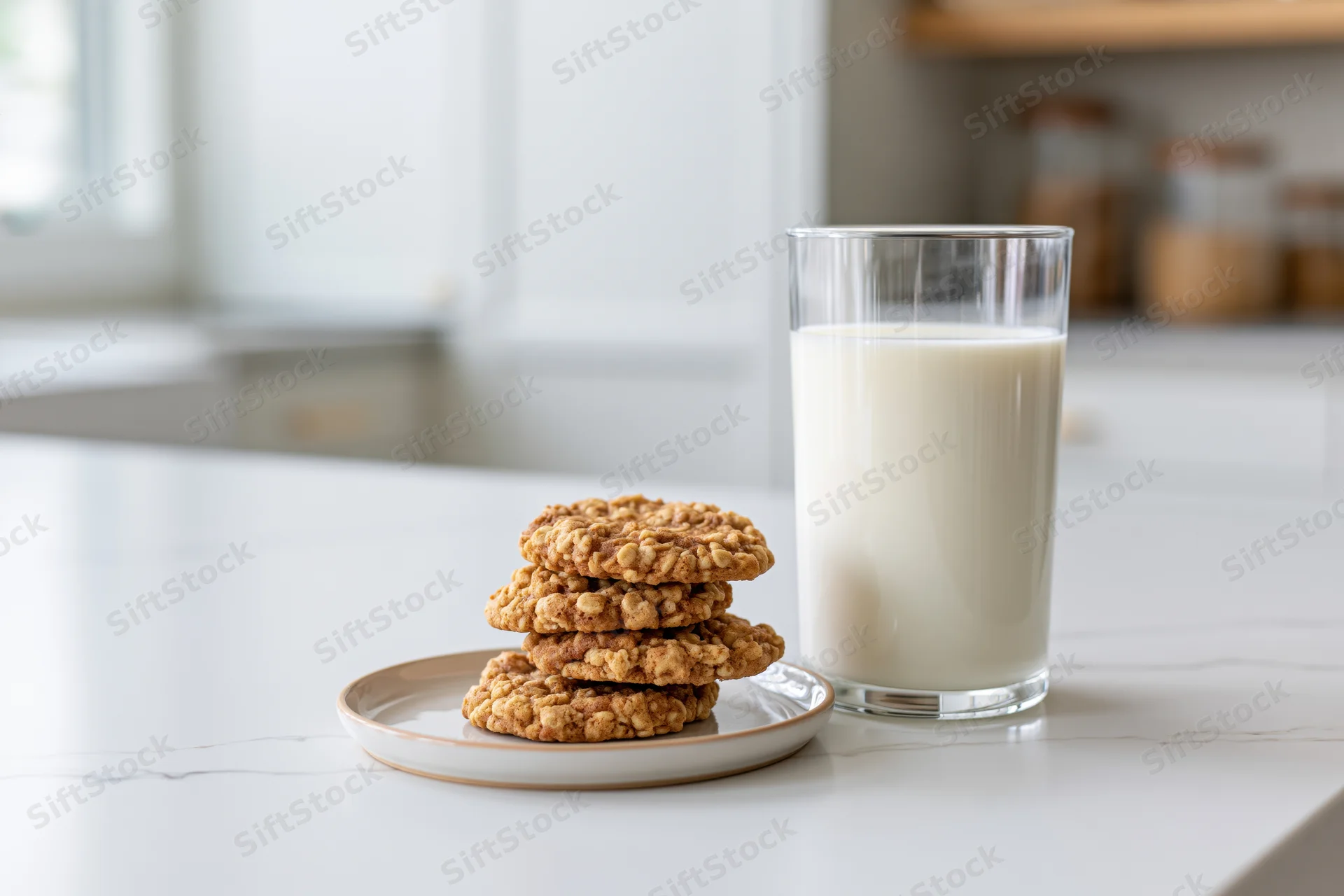 Stack of oatmeal cookies on a white plate beside a glass of milk on a kitchen countertop