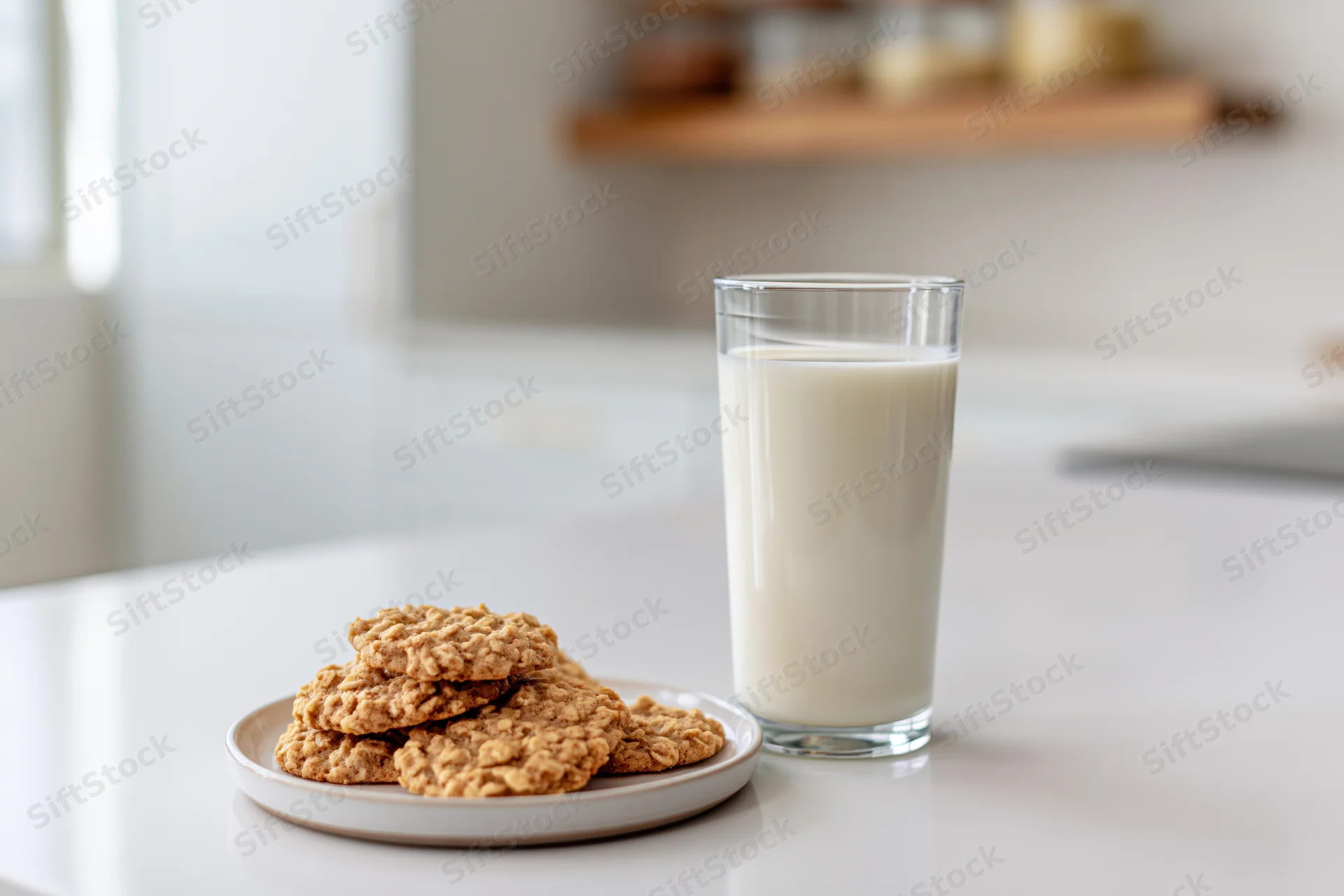 Oatmeal cookies stacked on a white ceramic plate beside a glass of milk on a kitchen countertop