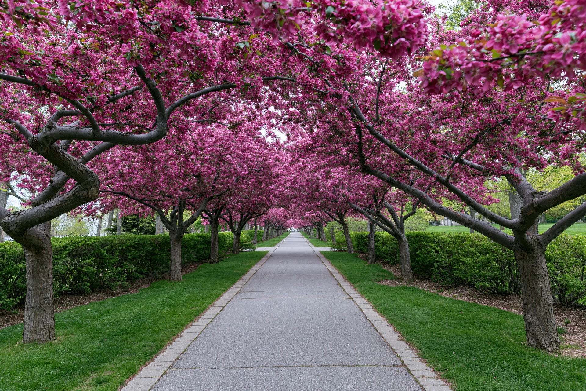 Straight paved path lined with blooming cherry trees in a public park