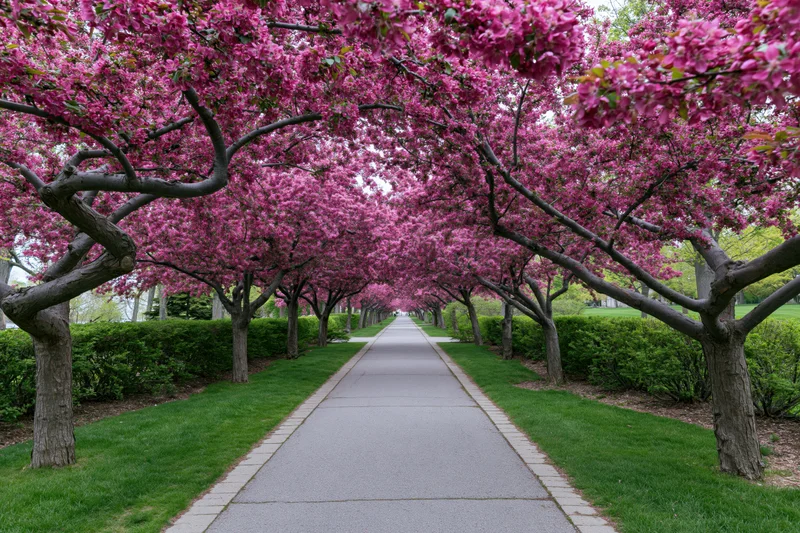 Straight paved path lined with blooming cherry trees in a public park