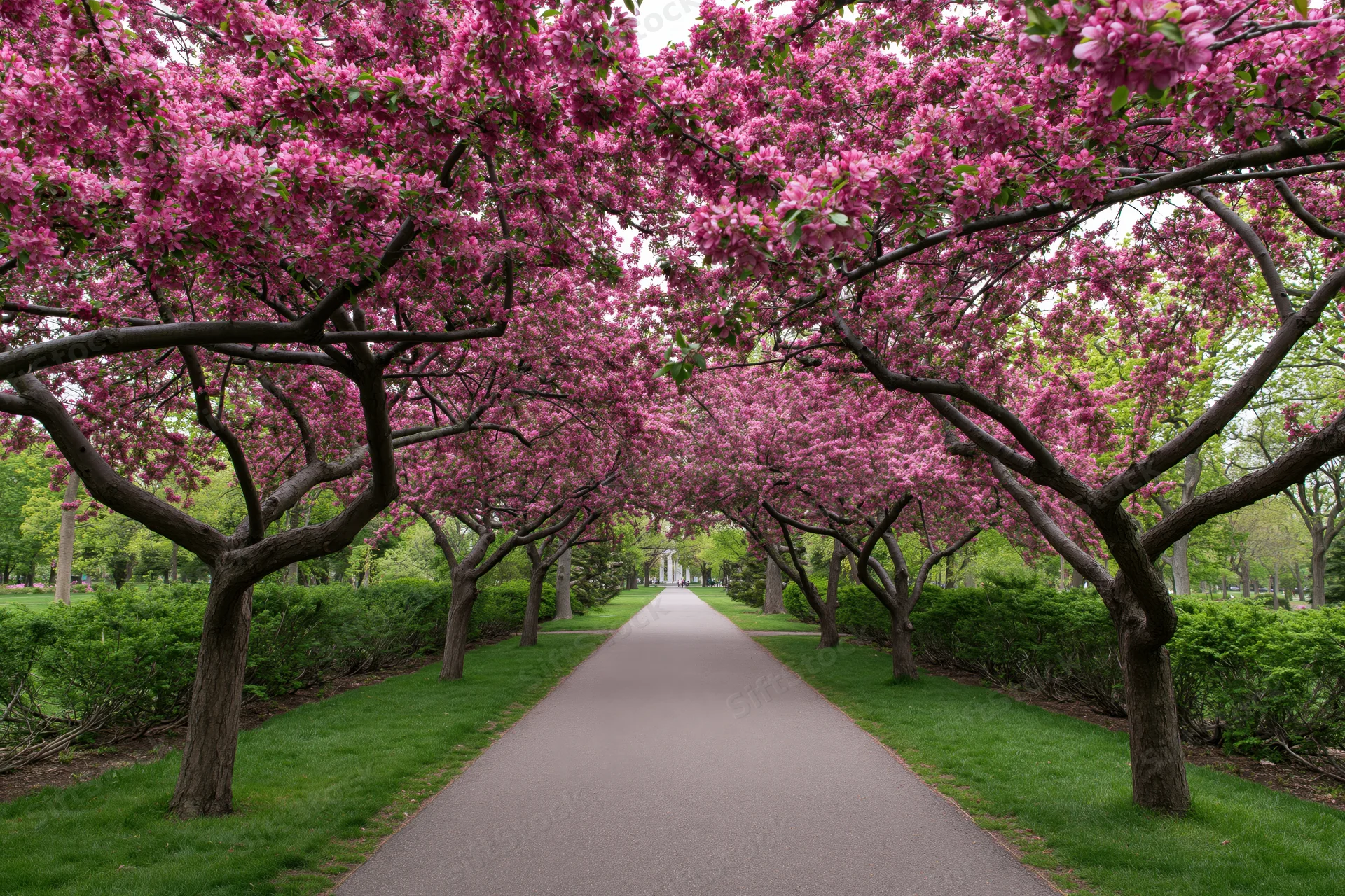 Paved path lined with blooming cherry trees in a public park