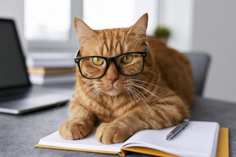 Tabby cat wearing black-rimmed glasses resting on open notebook with pen on desk near laptop
