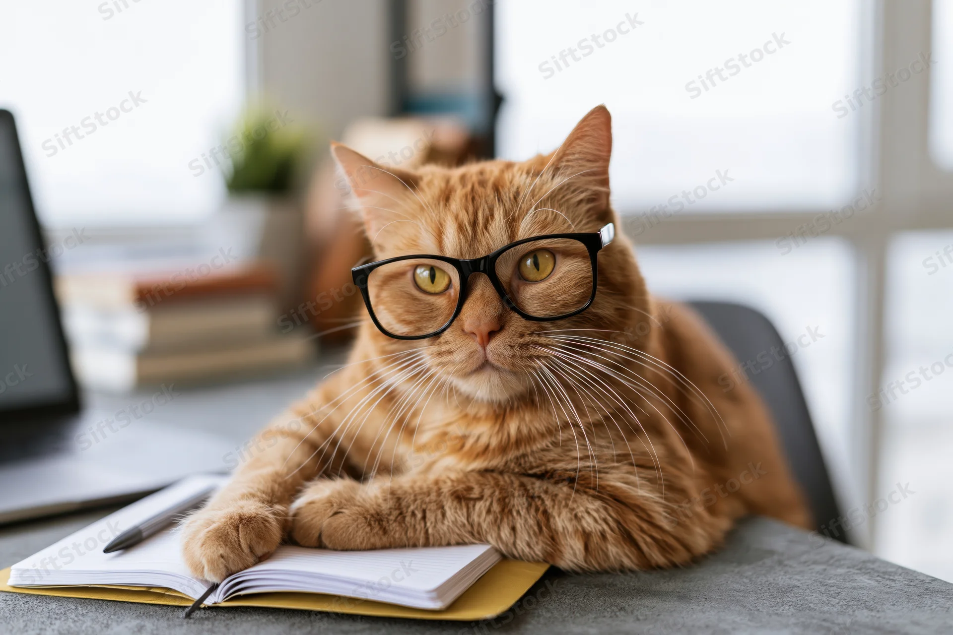Orange tabby cat wearing black-rimmed glasses sitting at desk with notebook and pen, focused on work in home office setting