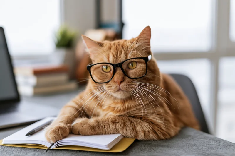 Orange tabby cat wearing black-rimmed glasses sitting at desk with notebook and pen, focused on work in home office setting