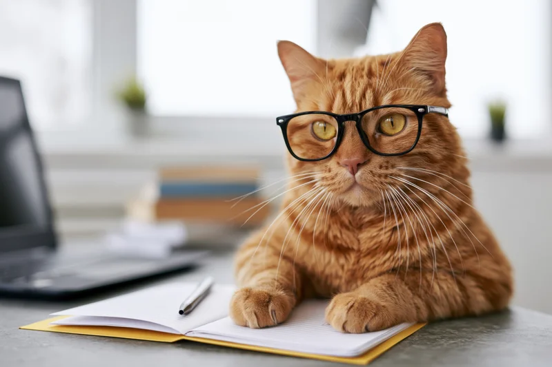 Orange tabby cat wearing black-rimmed glasses sitting on open notebook at desk with laptop and pen nearby