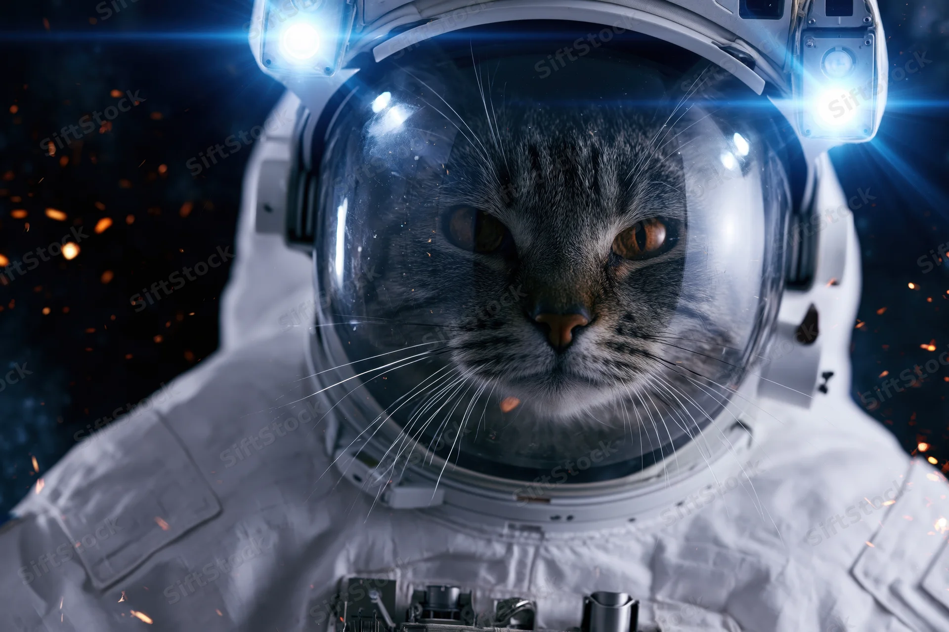 Cat in astronaut suit with helmet visor in space surrounded by sparks and stars