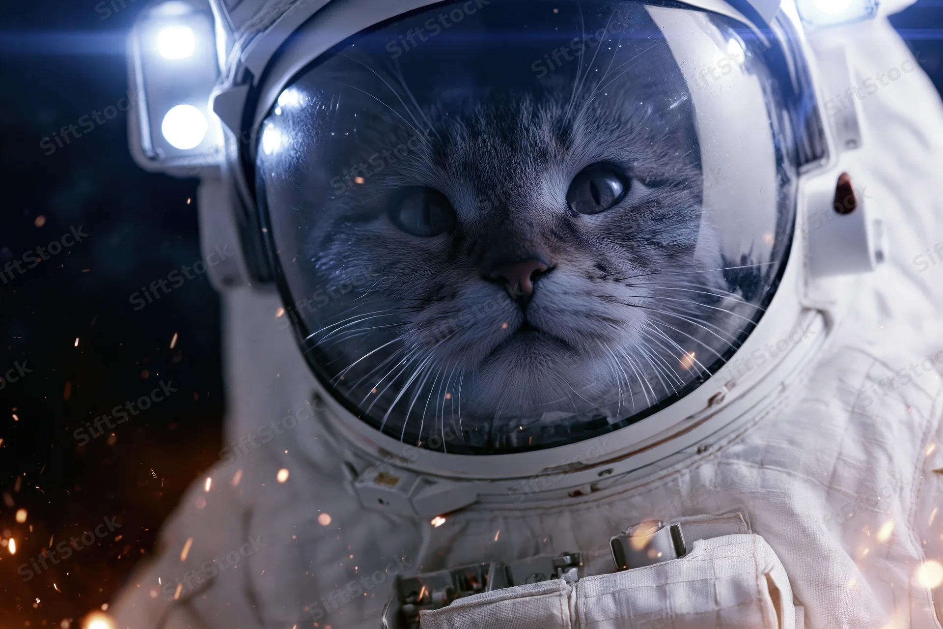 Tabby cat in white astronaut suit with sparks floating in space