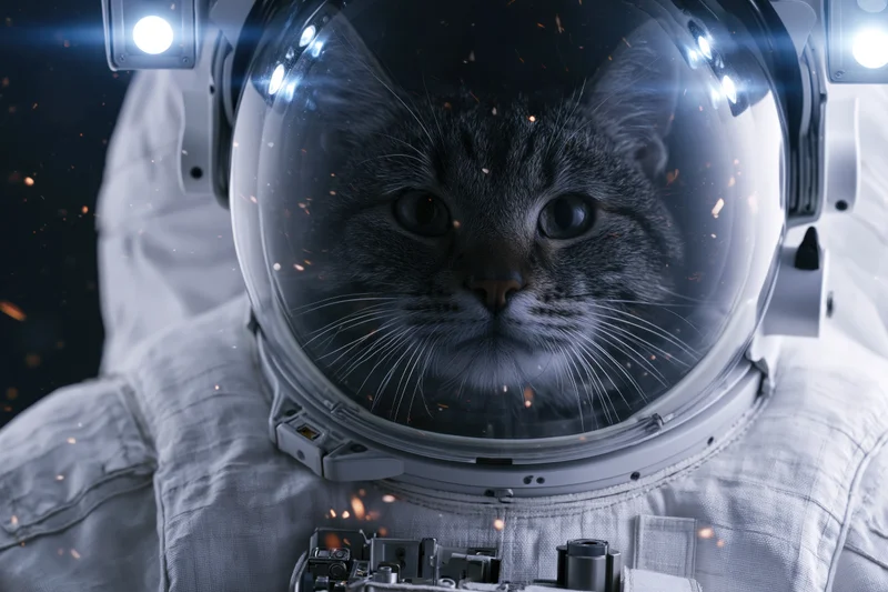 Tabby cat in astronaut suit with helmet visor floating in space surrounded by sparks