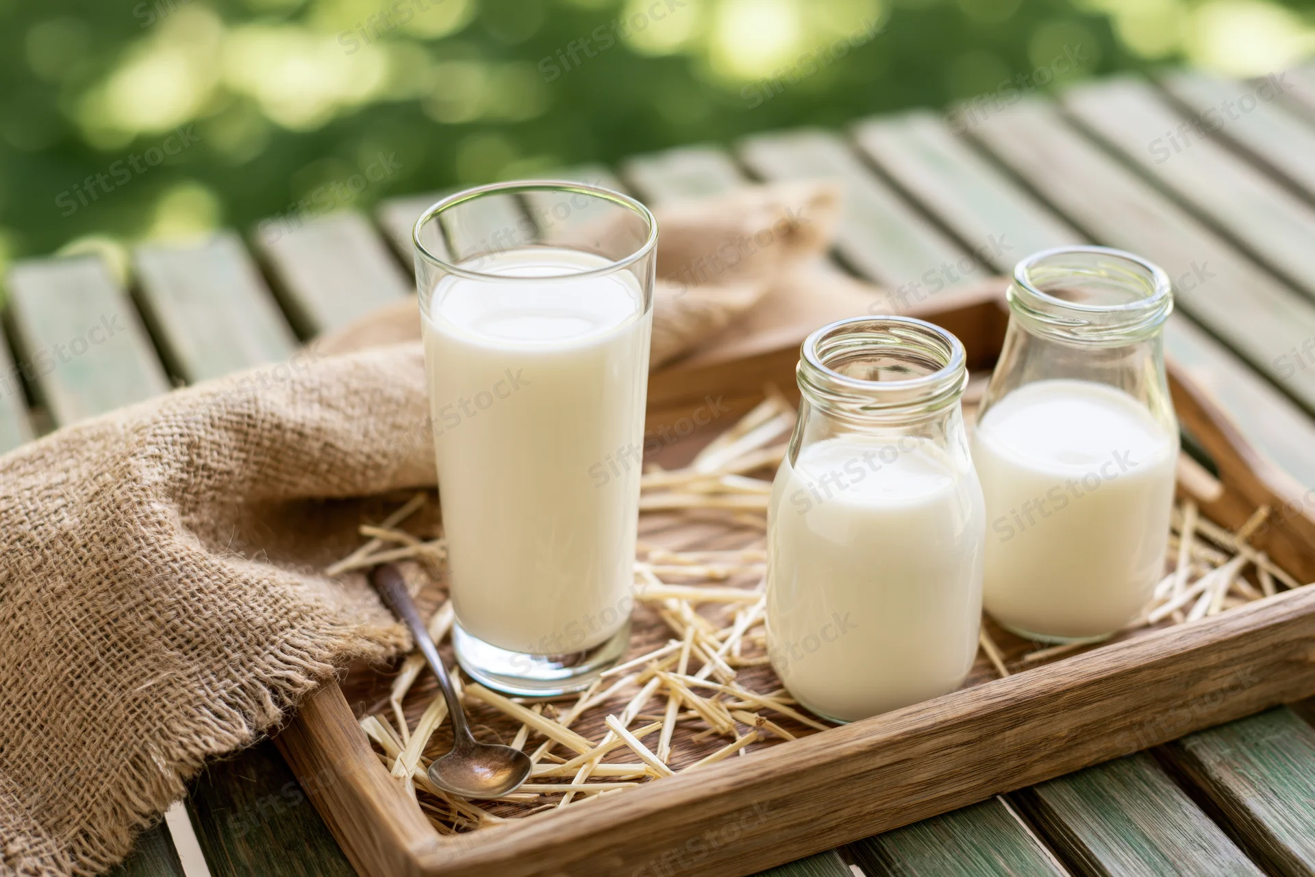 Milk in a tall glass and two bottles on a wooden tray with straw and burlap on an outdoor table