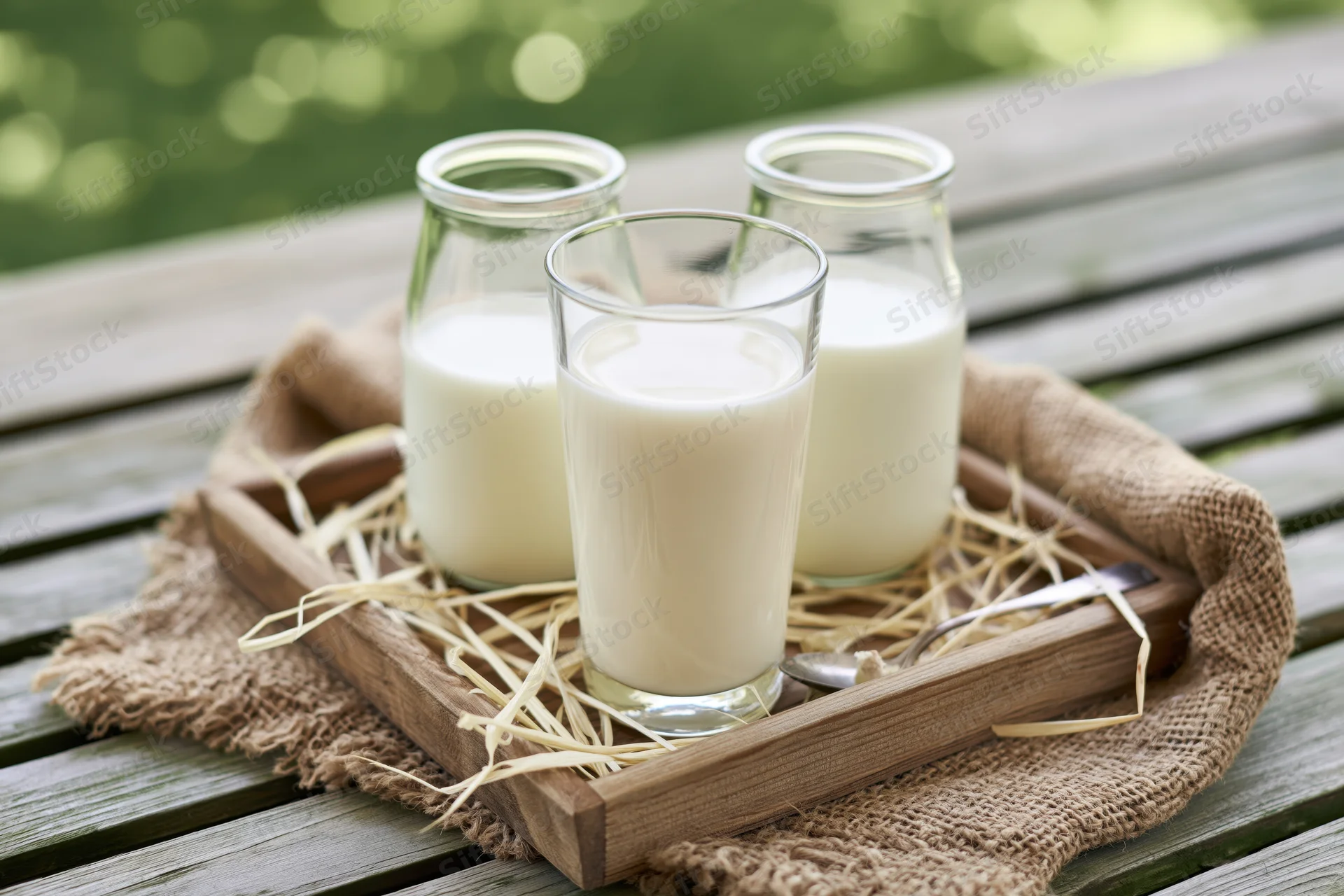 Milk in a tall glass and two bottles on a wooden tray with straw and burlap on an outdoor table