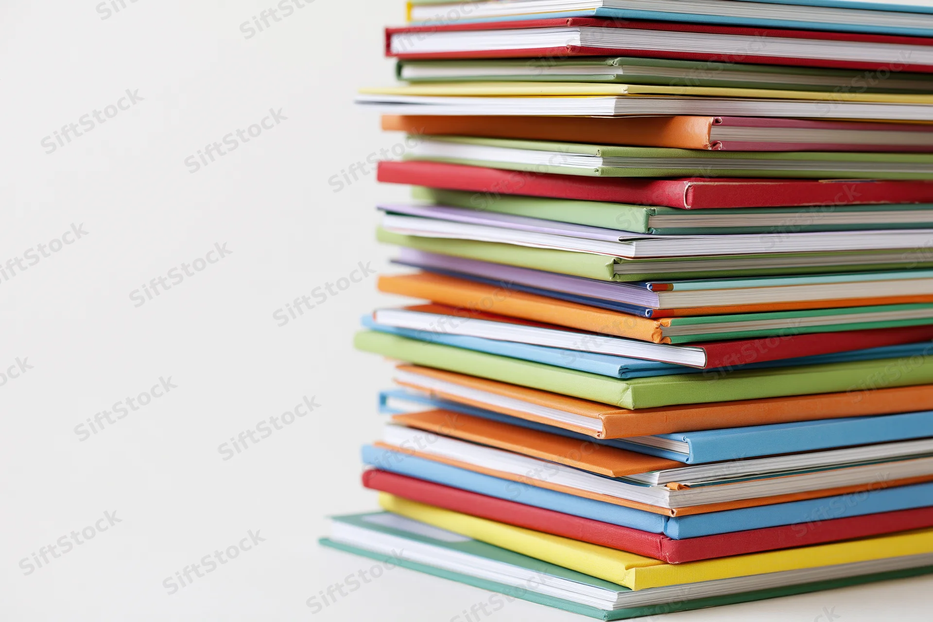 Tall stack of colorful childrens books arranged vertically on white surface