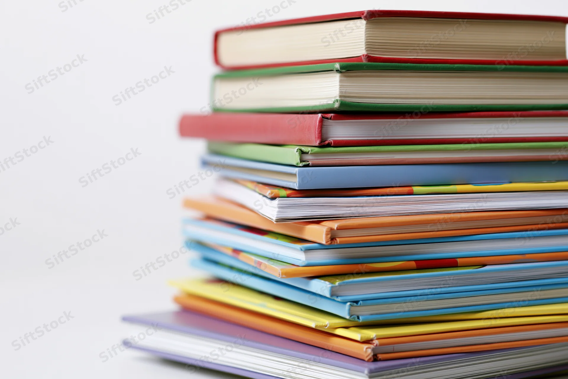 Tall stack of colorful childrens books arranged vertically on white surface