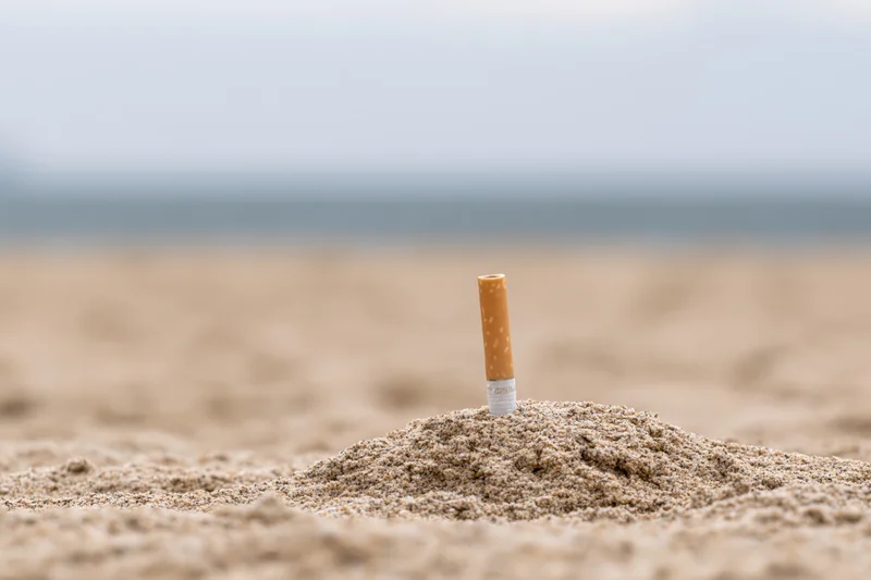 Cigarette butt stuck upright in a mound of sand on a beach